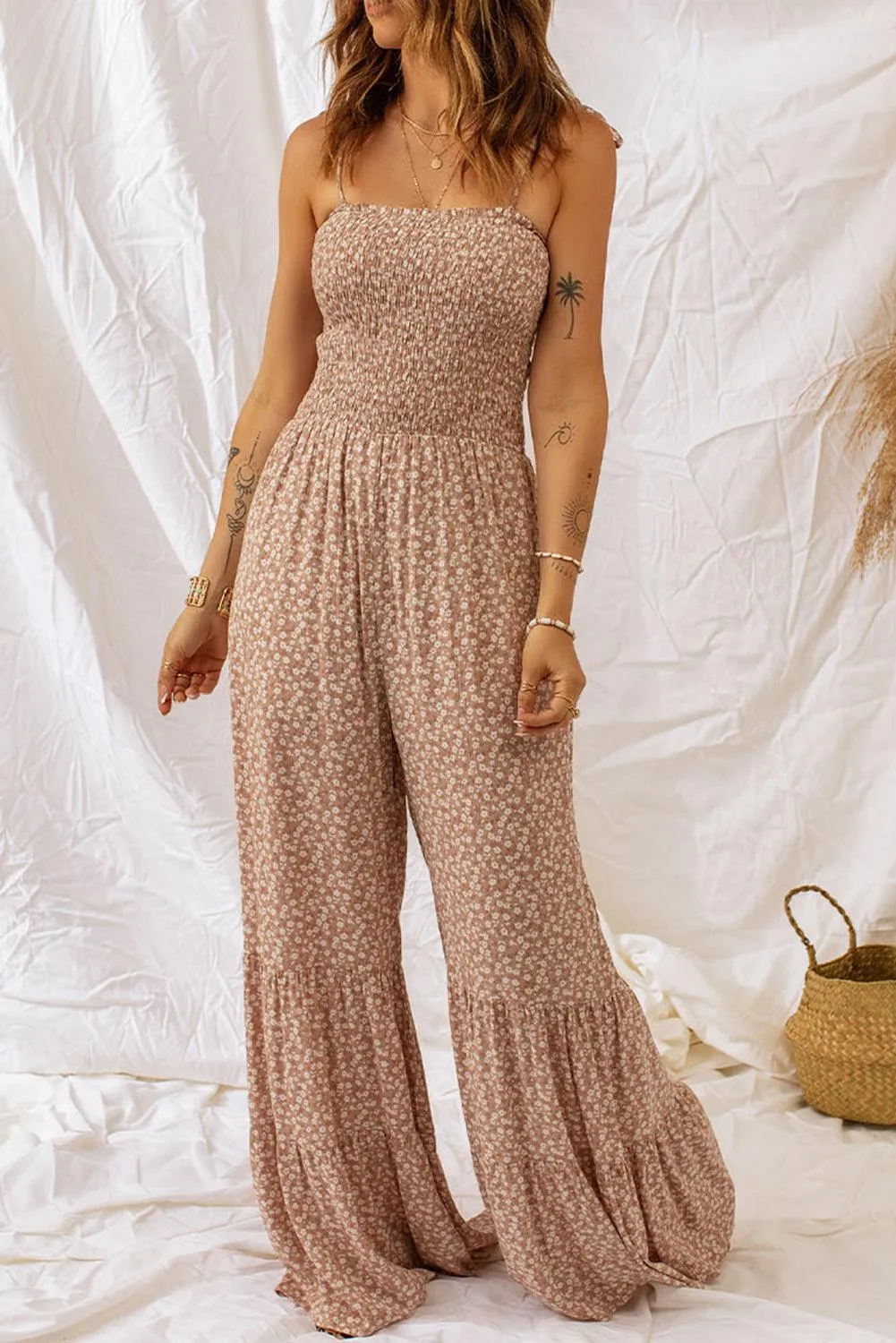 Hazel Blues® | Floral Spaghetti Strap Smocked Wide Leg Jumpsuit