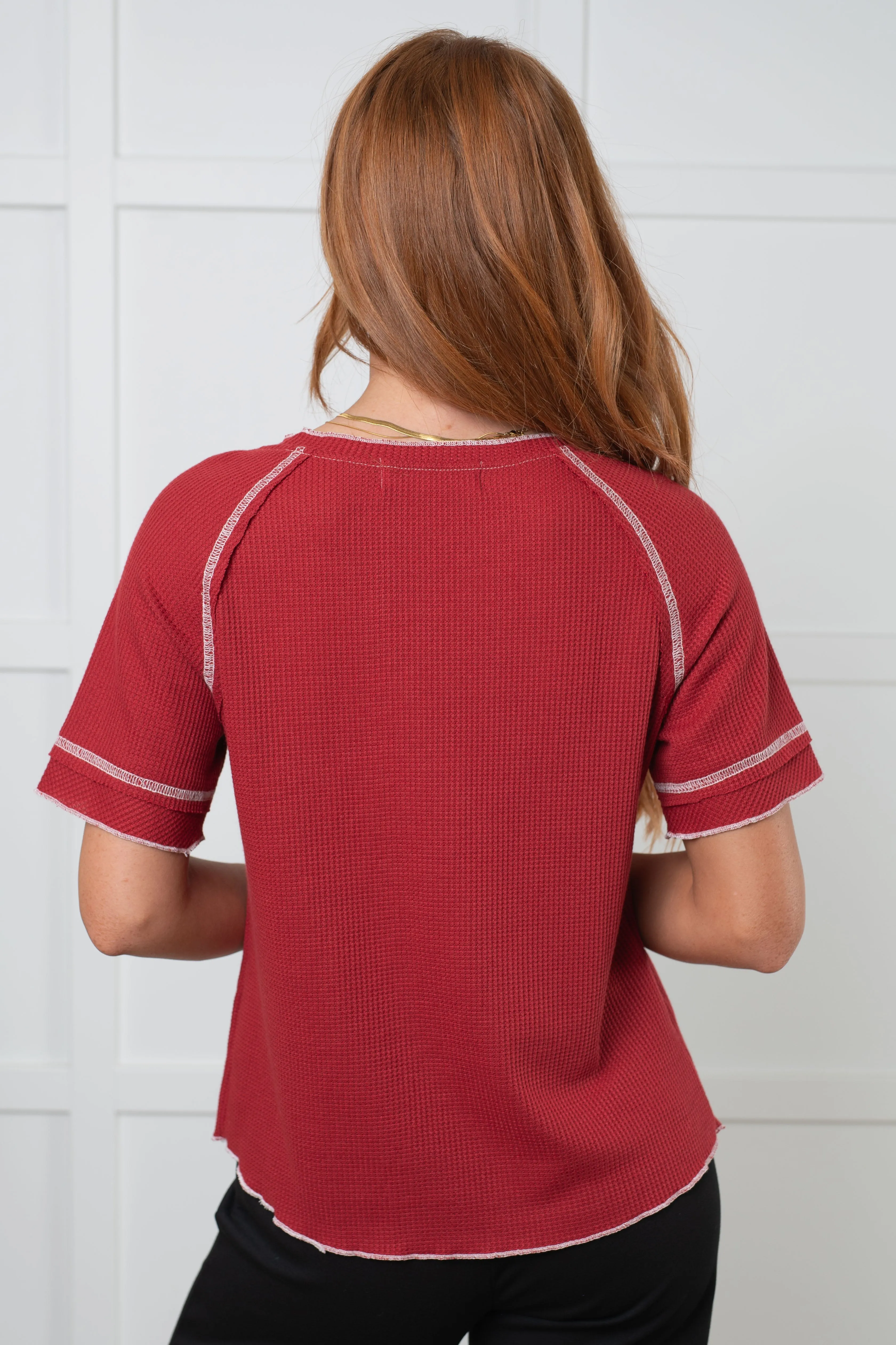 Hazel Blues® |  Heartbreaker Waffle Knit Tee in Cranberry