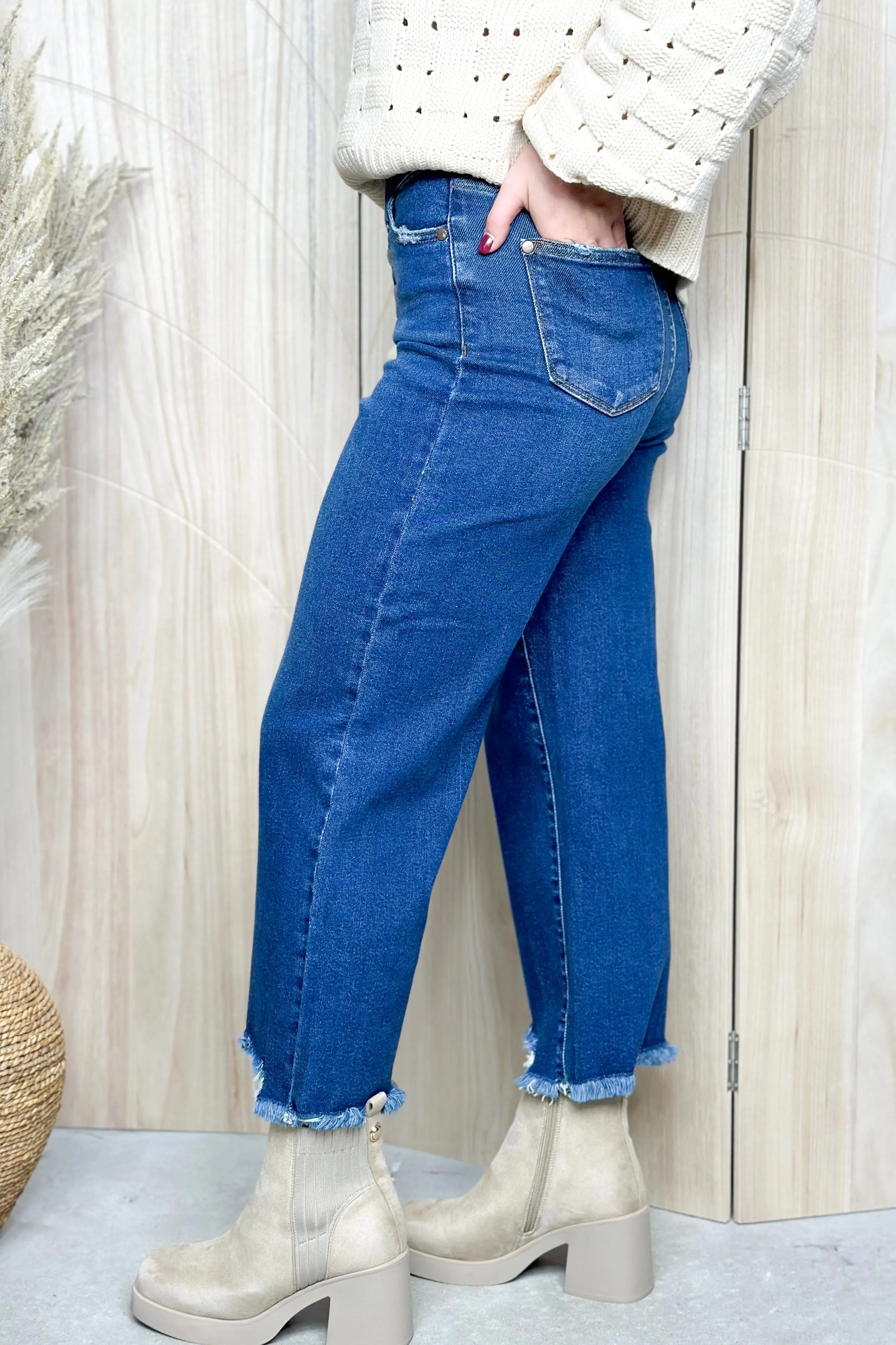 High Waisted Button Fly Destroy Hem Crop Jeans *Final Sale*