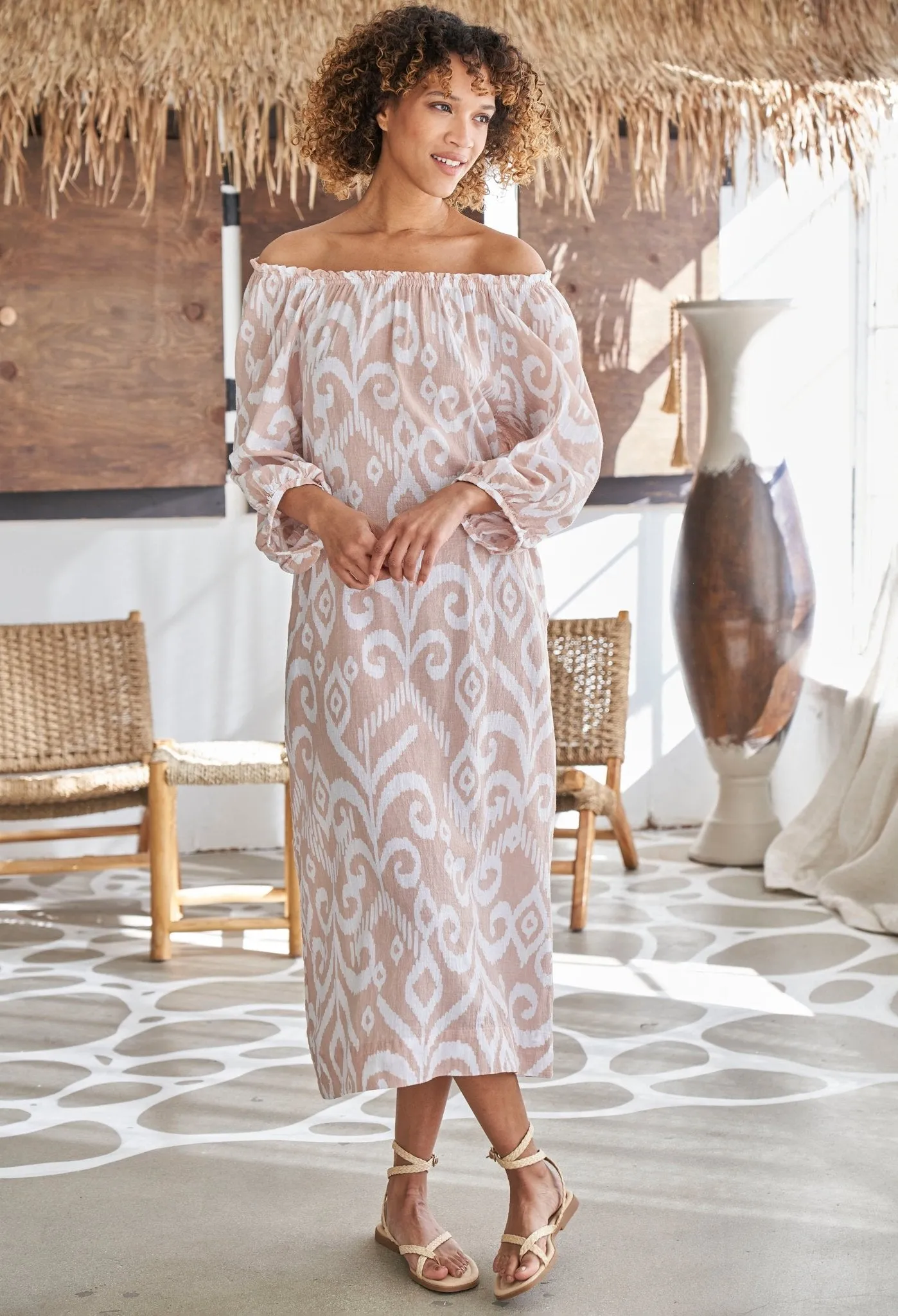 Ivory and Sand Ikat Off the Shoulder Gauze Dress with Pockets and Belt - Sale