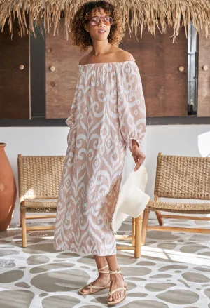 Ivory and Sand Ikat Off the Shoulder Gauze Dress with Pockets and Belt - Sale