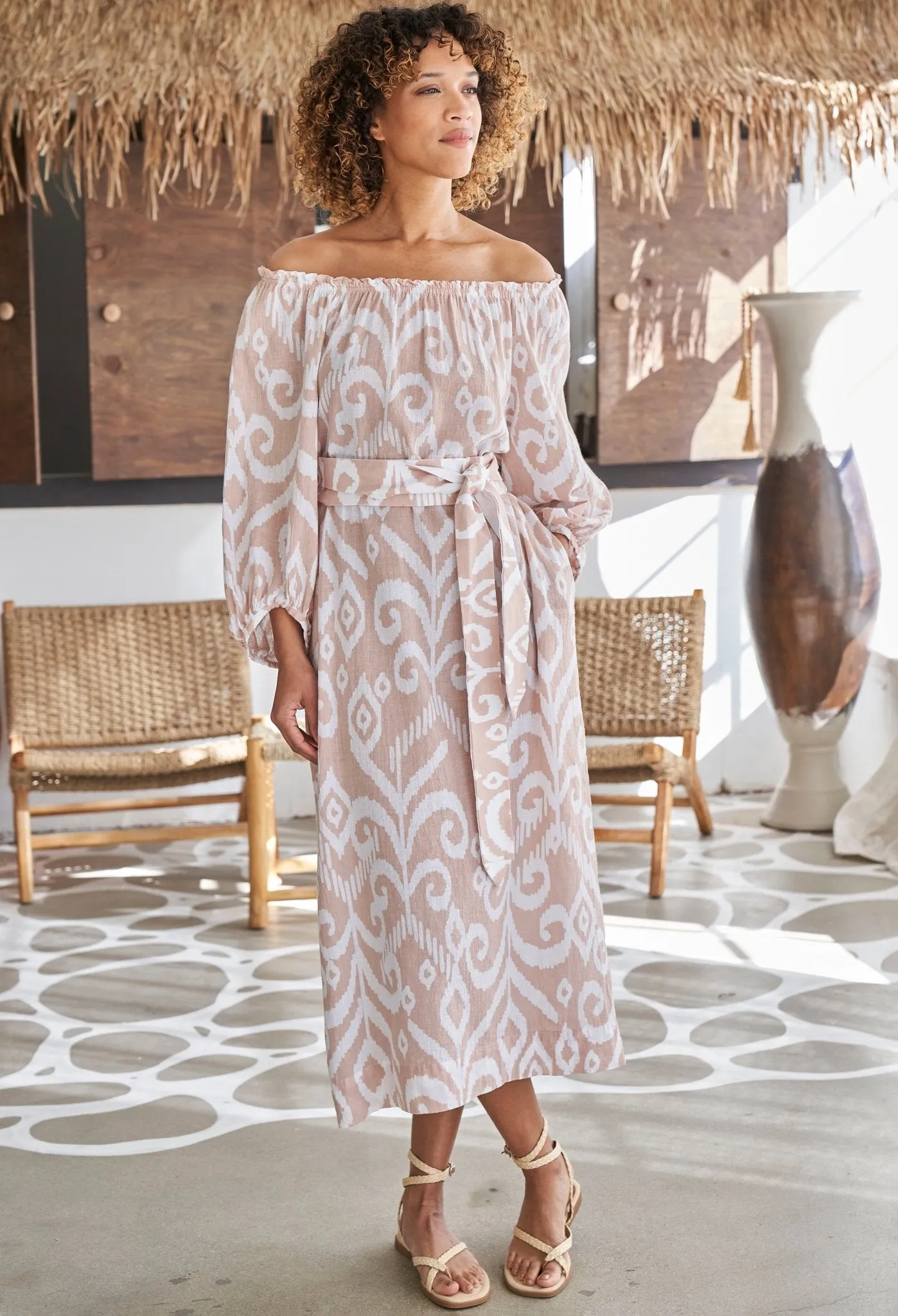 Ivory and Sand Ikat Off the Shoulder Gauze Dress with Pockets and Belt - Sale