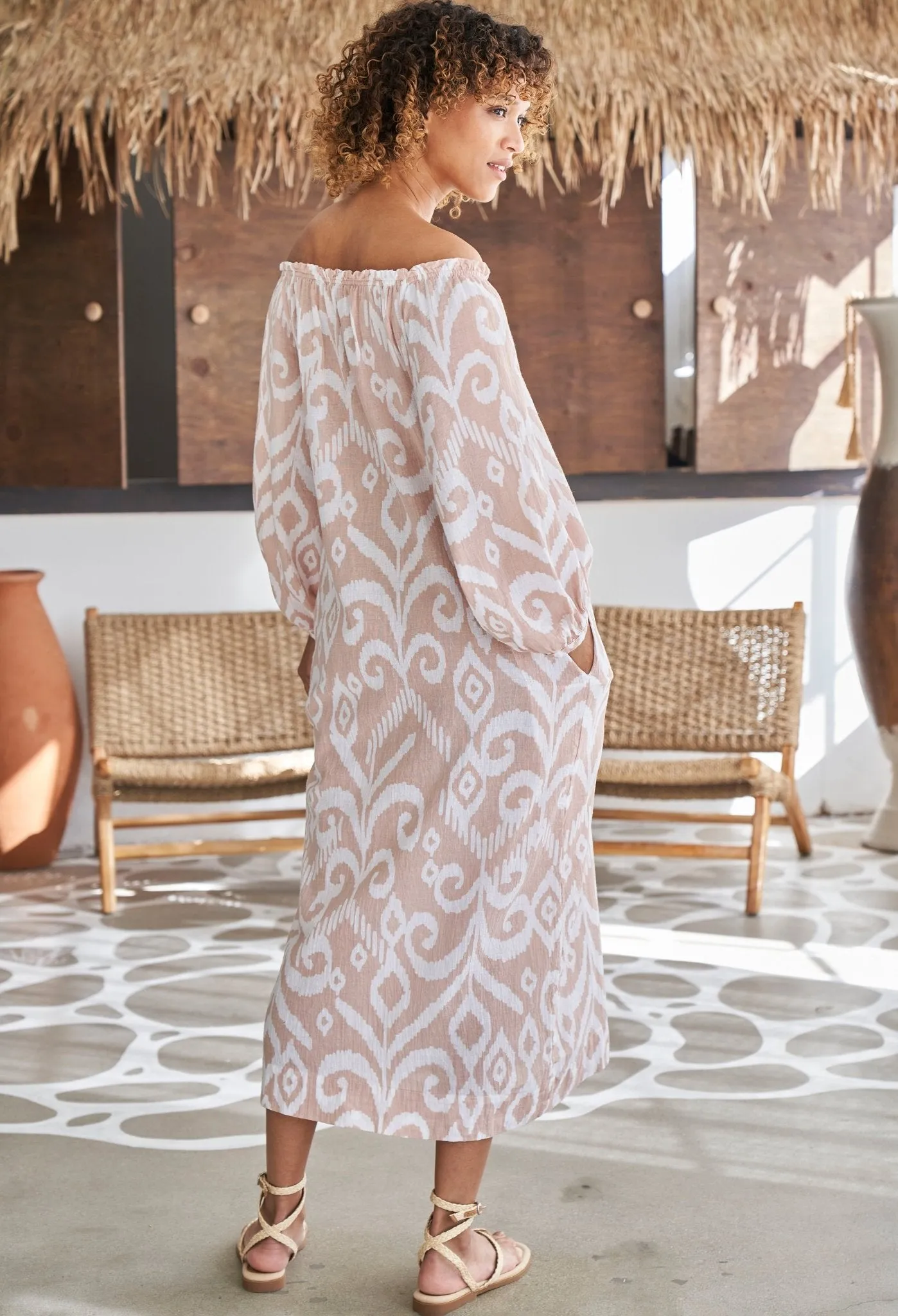 Ivory and Sand Ikat Off the Shoulder Gauze Dress with Pockets and Belt - Sale