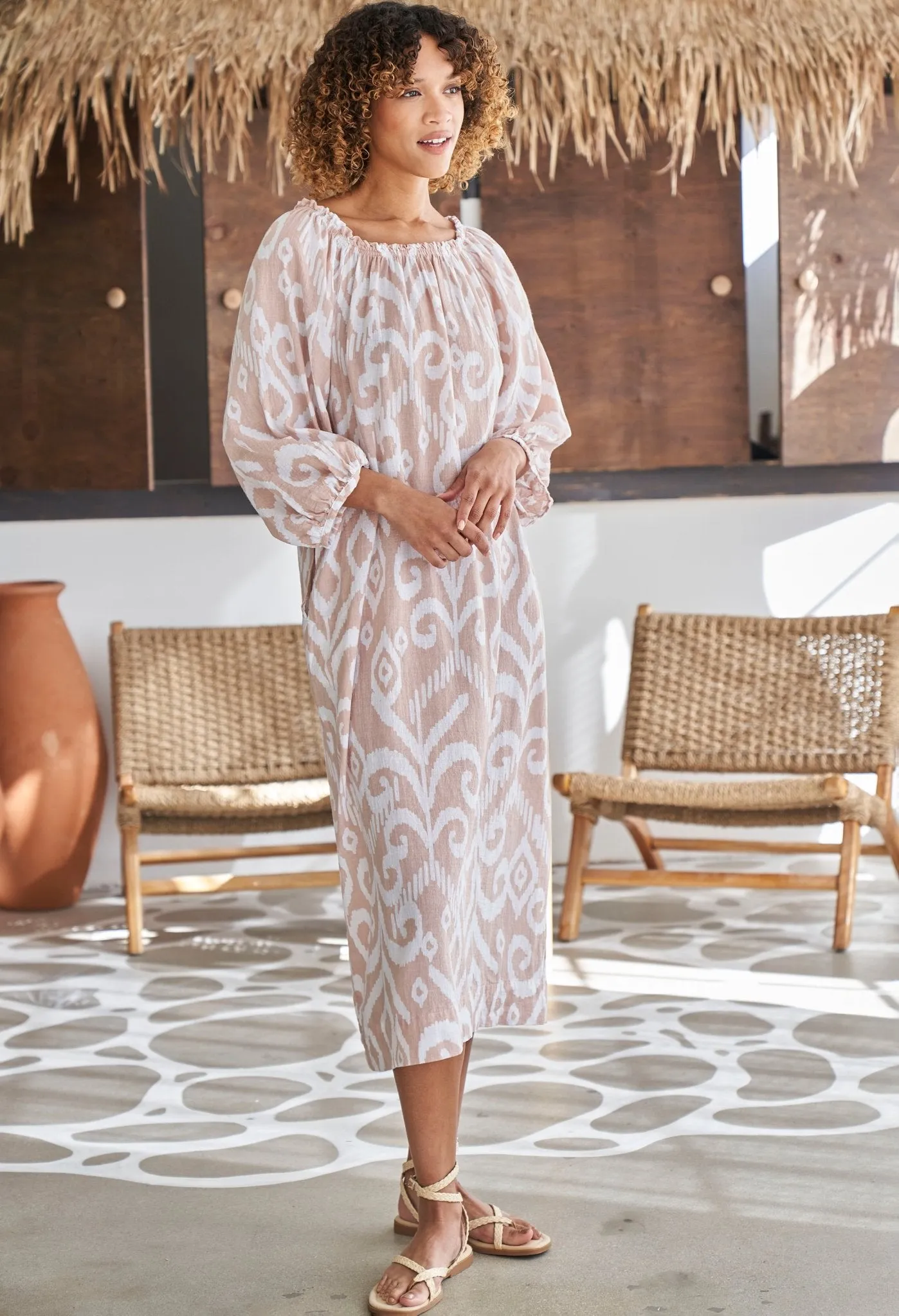 Ivory and Sand Ikat Off the Shoulder Gauze Dress with Pockets and Belt - Sale