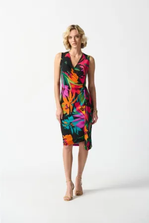 Joseph Ribkoff Black/Multi Floral Print Faux Wrap Sheath Dress 242012