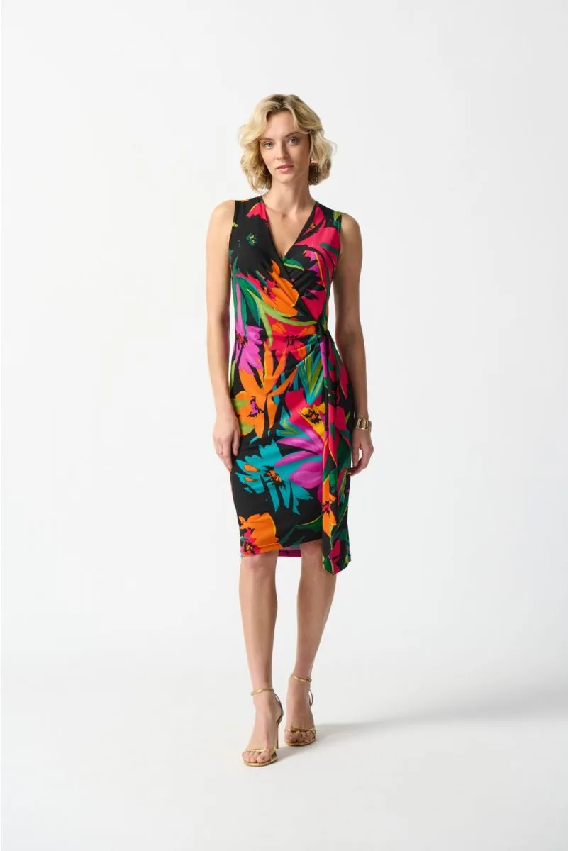 Joseph Ribkoff Black/Multi Floral Print Faux Wrap Sheath Dress 242012