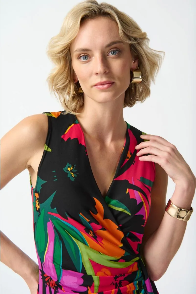 Joseph Ribkoff Black/Multi Floral Print Faux Wrap Sheath Dress 242012