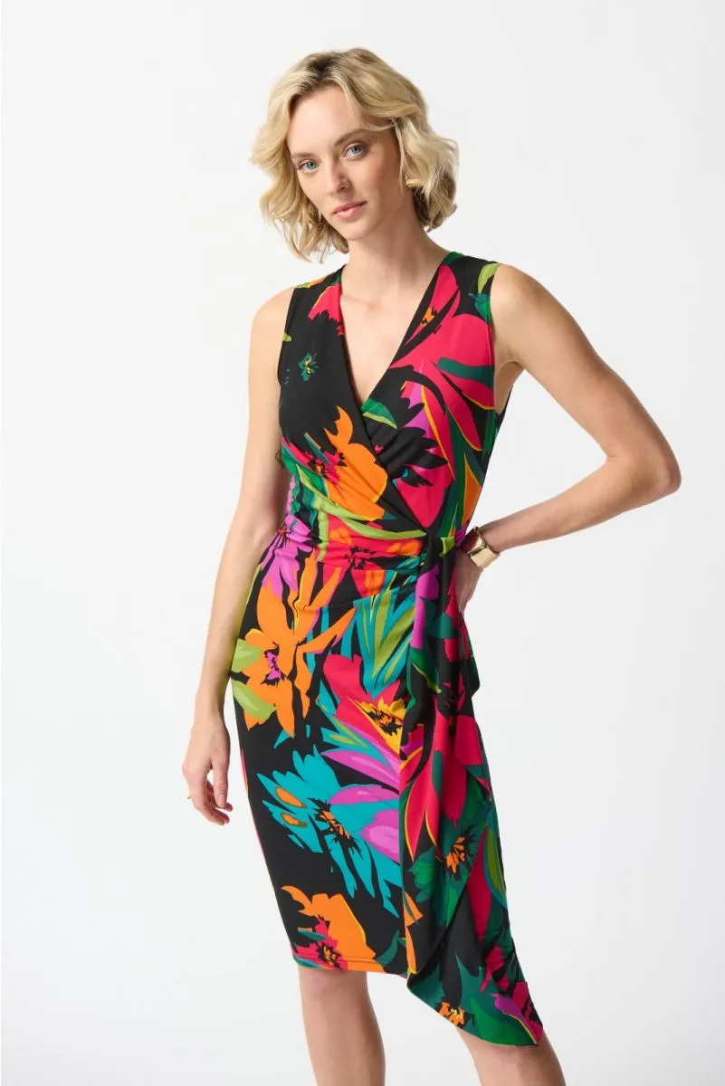 Joseph Ribkoff Black/Multi Floral Print Faux Wrap Sheath Dress 242012