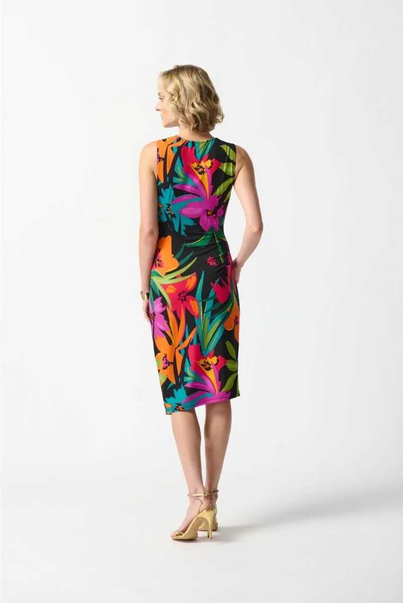 Joseph Ribkoff Black/Multi Floral Print Faux Wrap Sheath Dress 242012