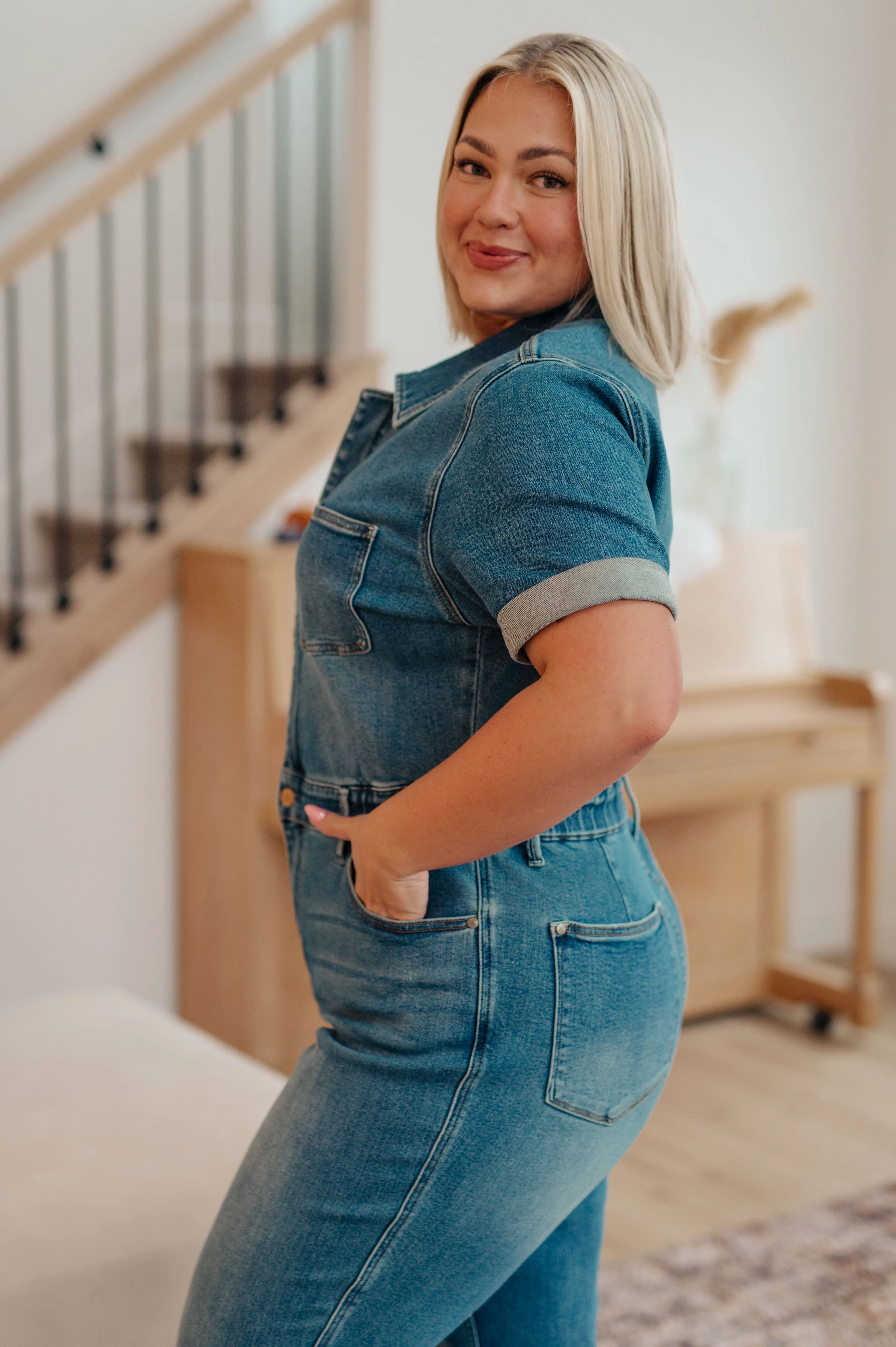JUDY BLUE Sylvia Short Sleeve Denim Jumpsuit