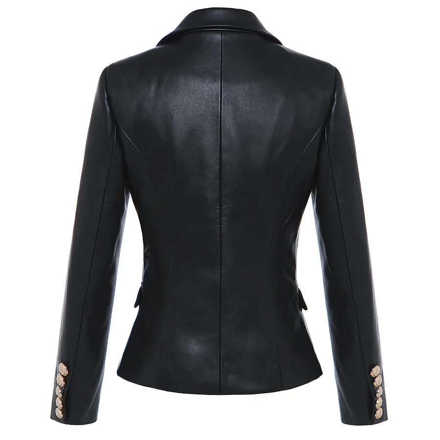 Lion Metal Buttons Faux Leather Blazer Outer Coat
