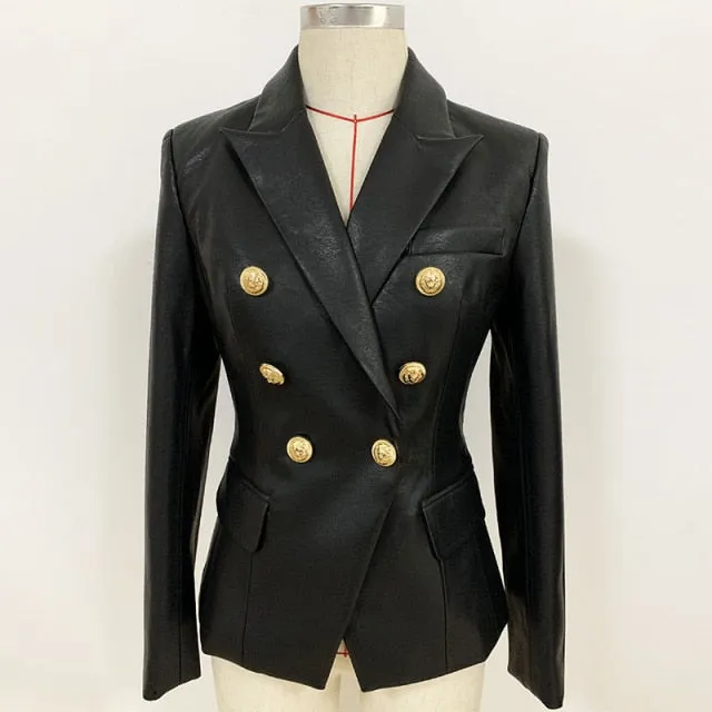 Lion Metal Buttons Faux Leather Blazer Outer Coat