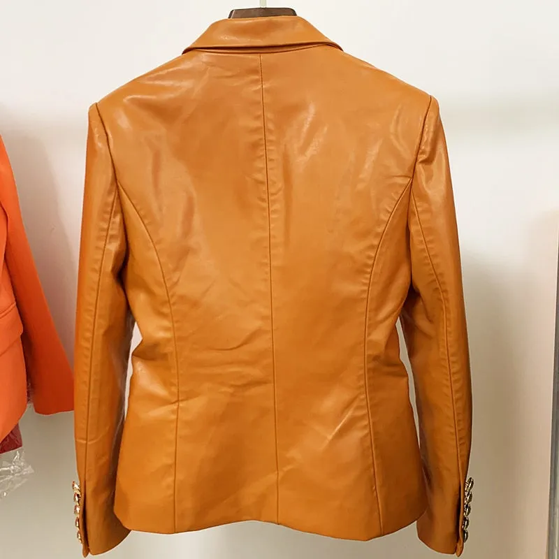 Lion Metal Buttons Faux Leather Blazer Outer Coat