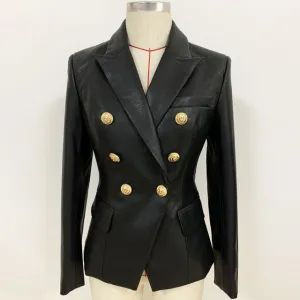 Lion Metal Buttons Faux Leather Blazer Outer Coat