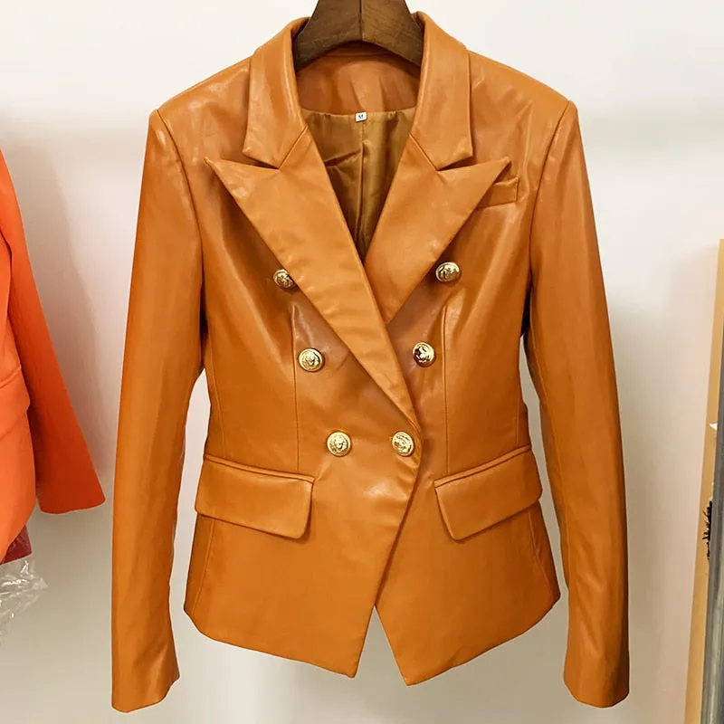Lion Metal Buttons Faux Leather Blazer Outer Coat
