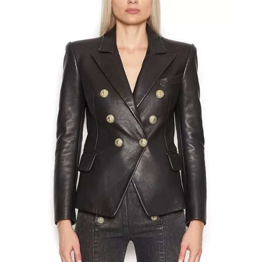 Lion Metal Buttons Faux Leather Blazer Outer Coat