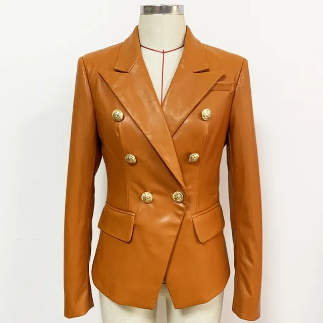 Lion Metal Buttons Faux Leather Blazer Outer Coat