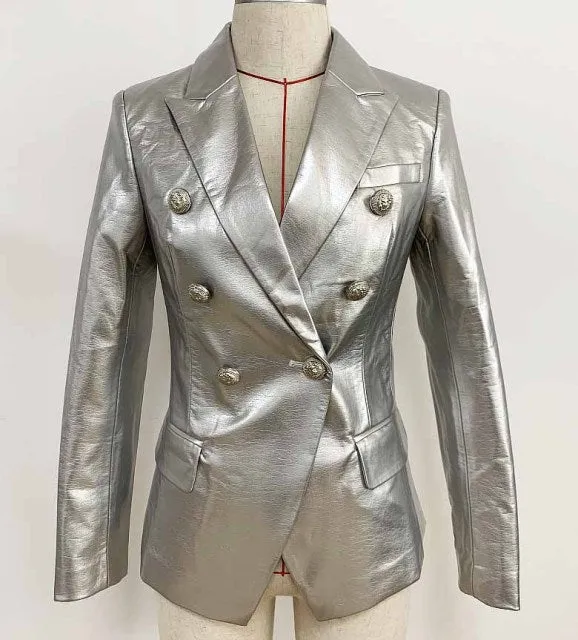 Lion Metal Buttons Faux Leather Blazer Outer Coat