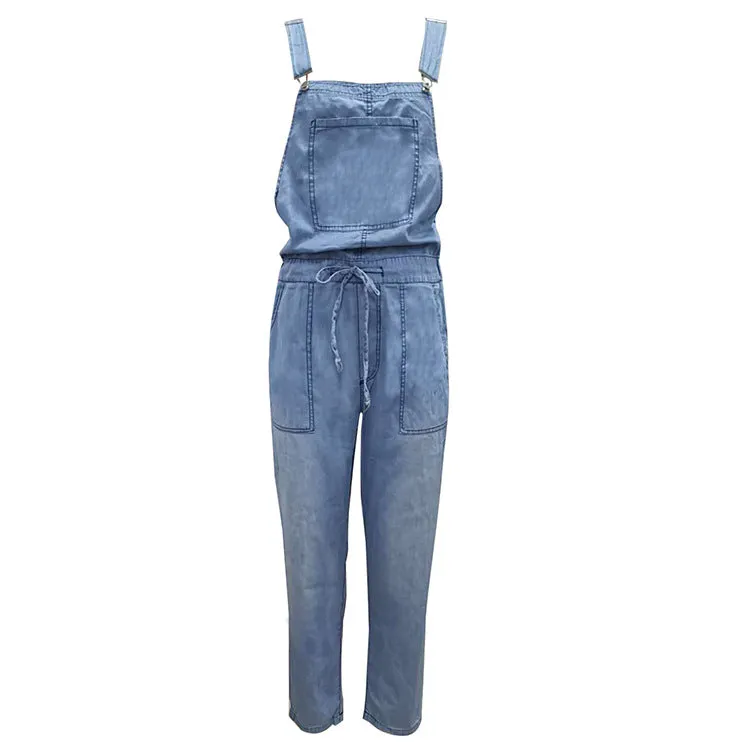 Loose Denim Pockets Strap Elastic Waist Overalls Jumpsuits