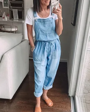 Loose Denim Pockets Strap Elastic Waist Overalls Jumpsuits