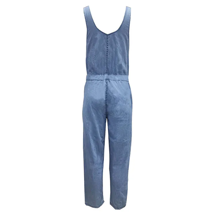 Loose Denim Pockets Strap Elastic Waist Overalls Jumpsuits