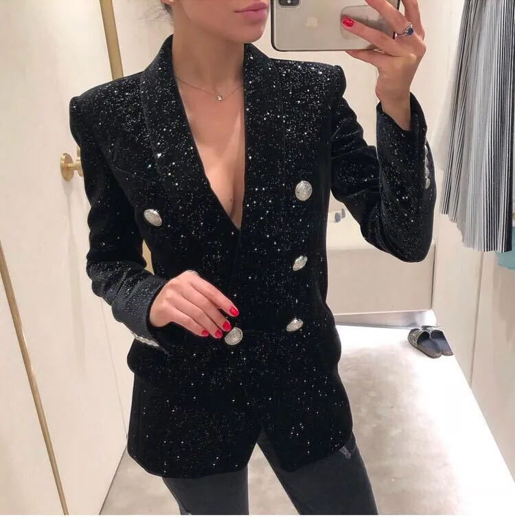 luxury starry sky shiny black small suit jacket female