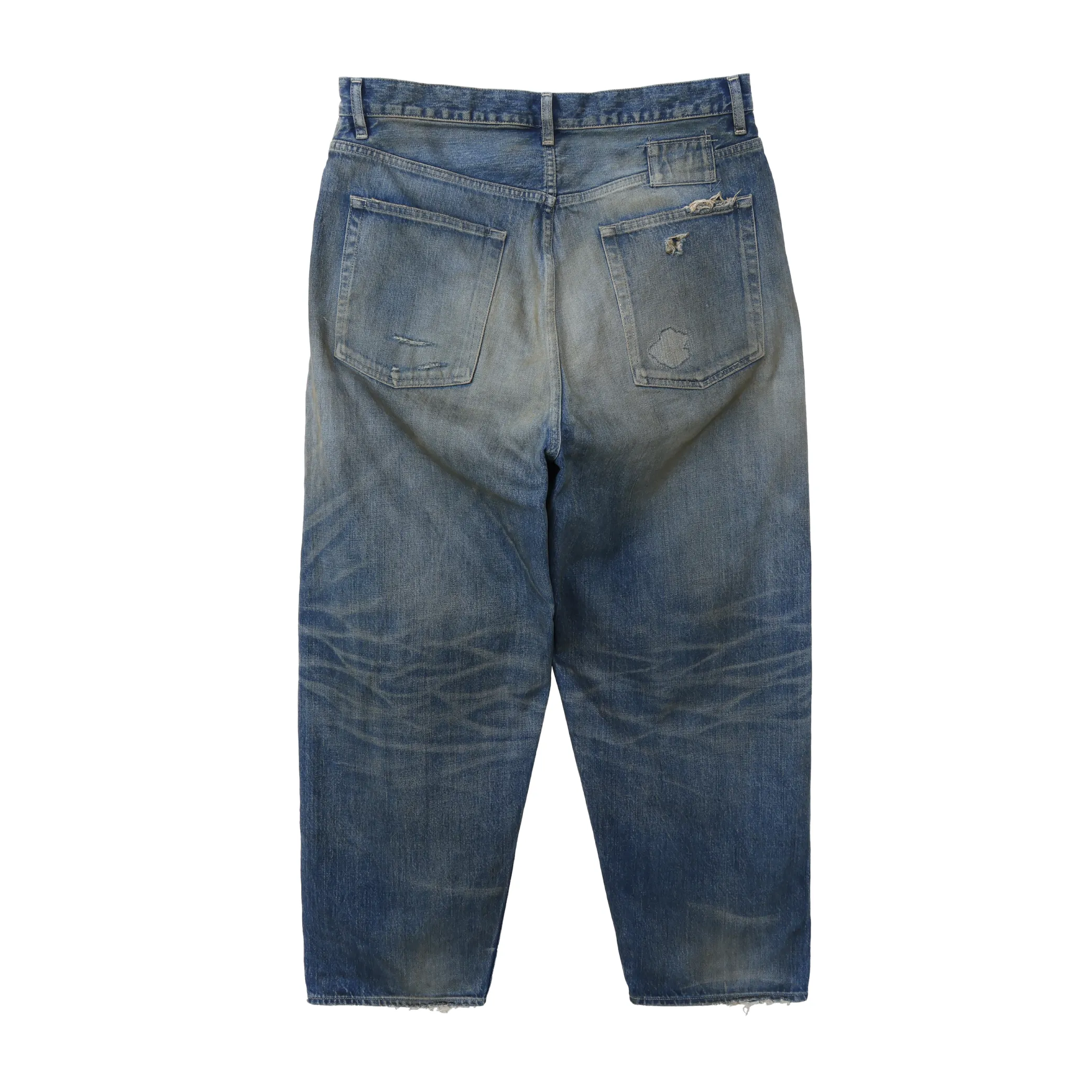 MADNESS HARD AGING DENIM PANTS. WIDE COMFY (DAMAGED AND REPAIRED FINISH)