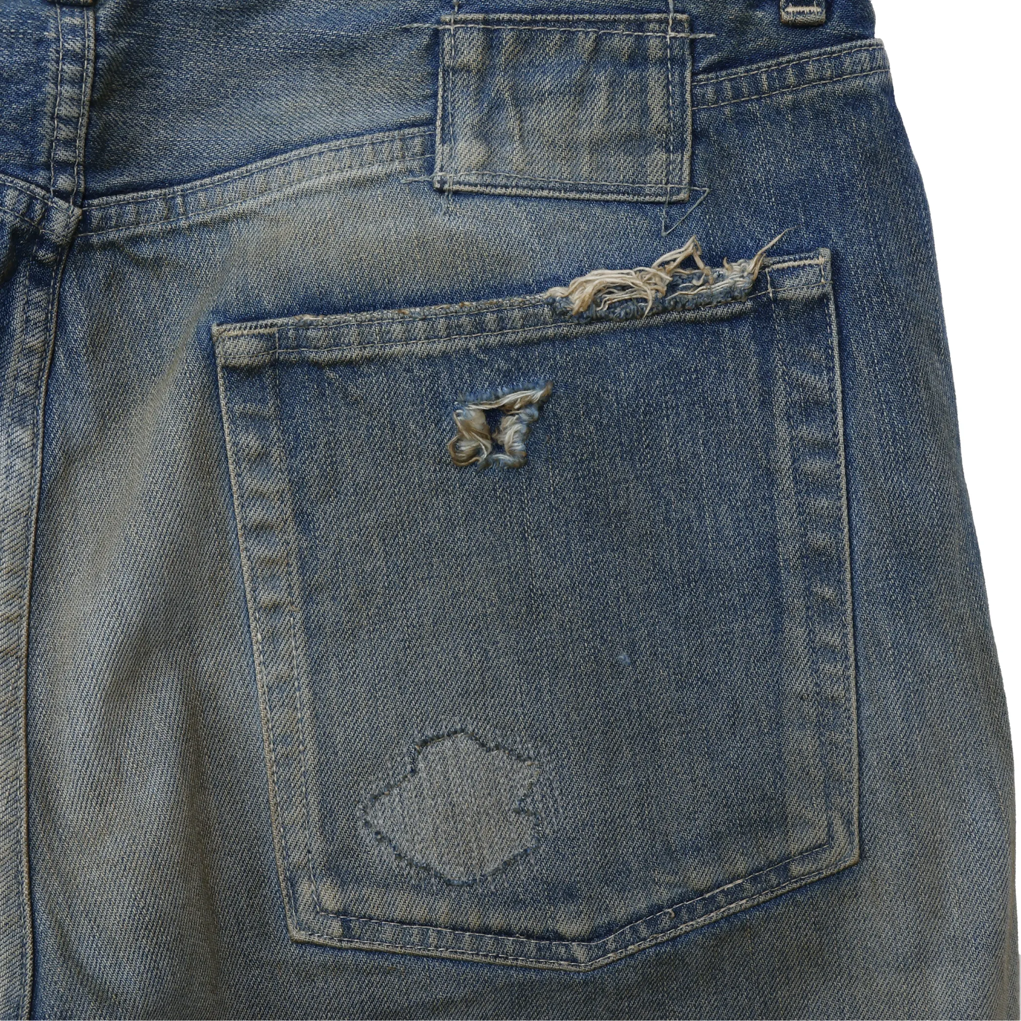 MADNESS HARD AGING DENIM PANTS. WIDE COMFY (DAMAGED AND REPAIRED FINISH)
