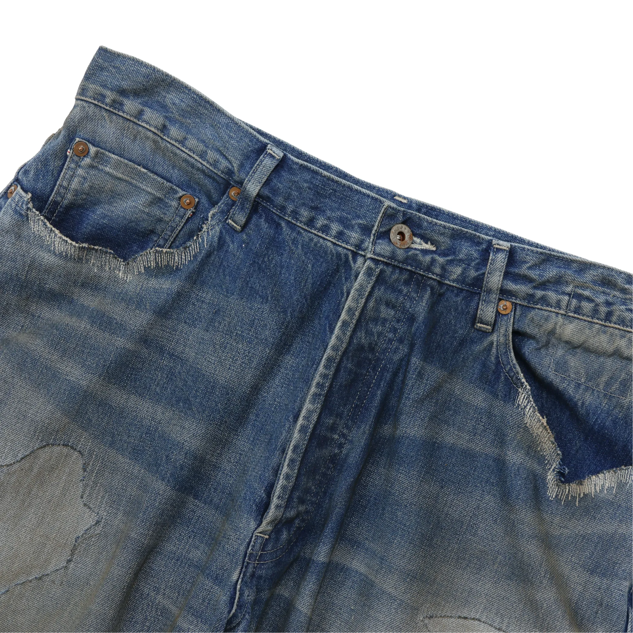MADNESS HARD AGING DENIM PANTS. WIDE COMFY (DAMAGED AND REPAIRED FINISH)