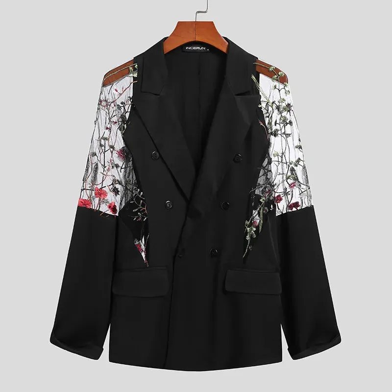 Men Blazer Mesh Patchwork See Through Streetwear Double Breasted Lapel Long Sleeve Outerwear Fashion Men Casual Suits INCERUN