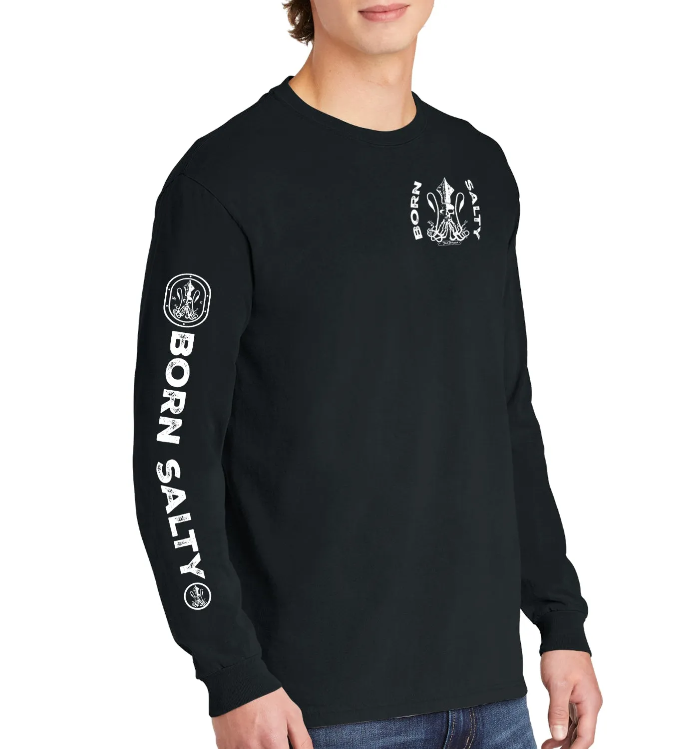 Men's Born Salty Skull Kraken Long Sleeve Cotton Garment-Dyed T-Shirt