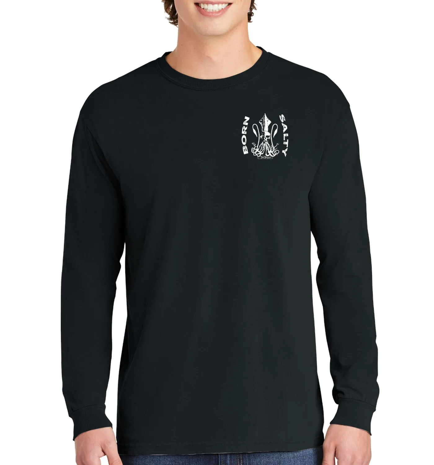Men's Born Salty Skull Kraken Long Sleeve Cotton Garment-Dyed T-Shirt