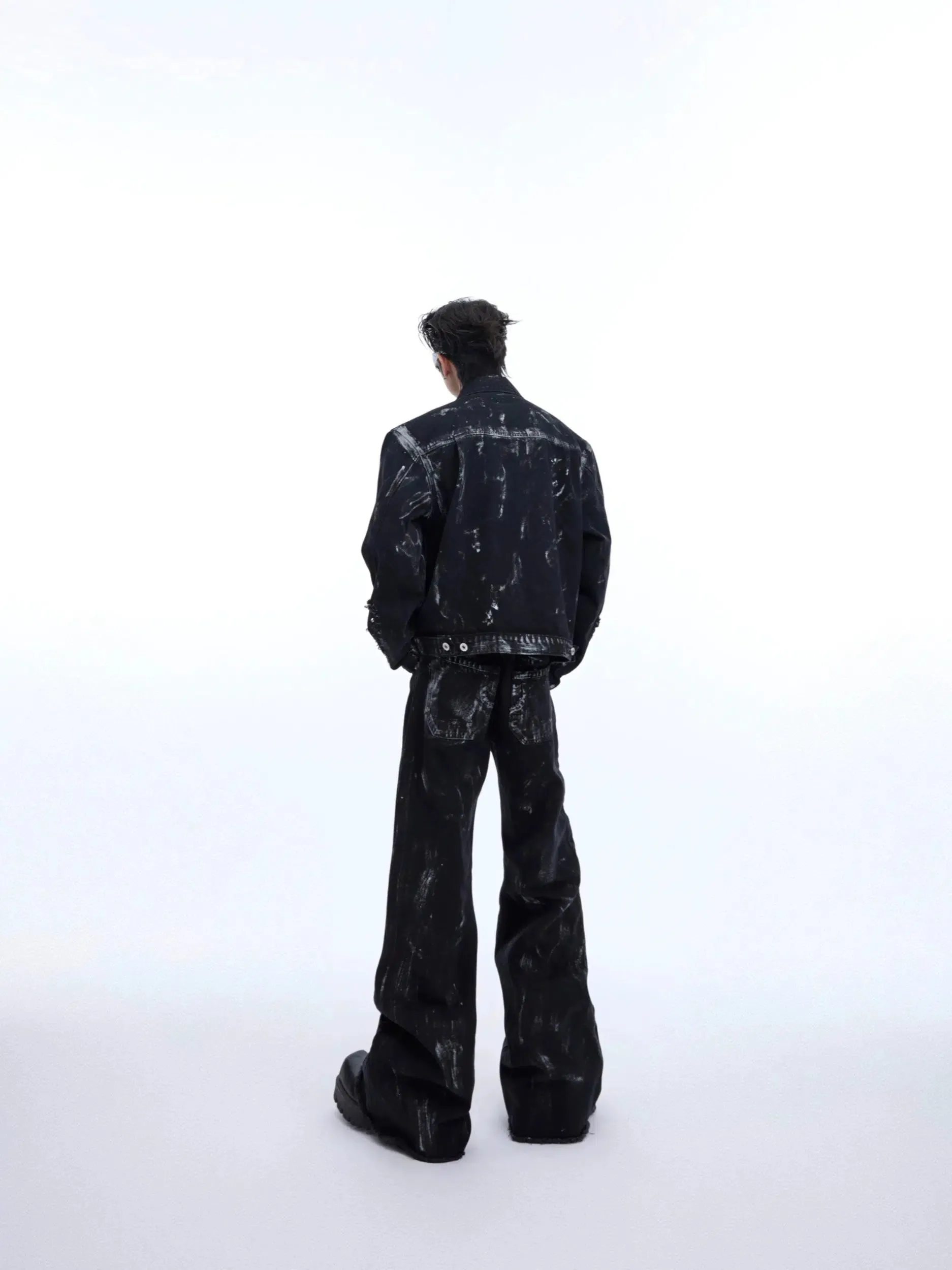 Metal Rivet Denim Jacket Distressed Pants Set
