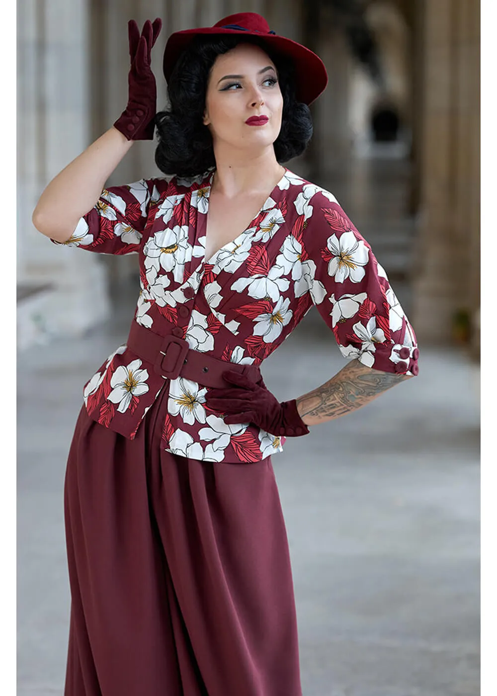 Miss Candyfloss Ladivina Bo Floral 40's Jumpsuit Wine