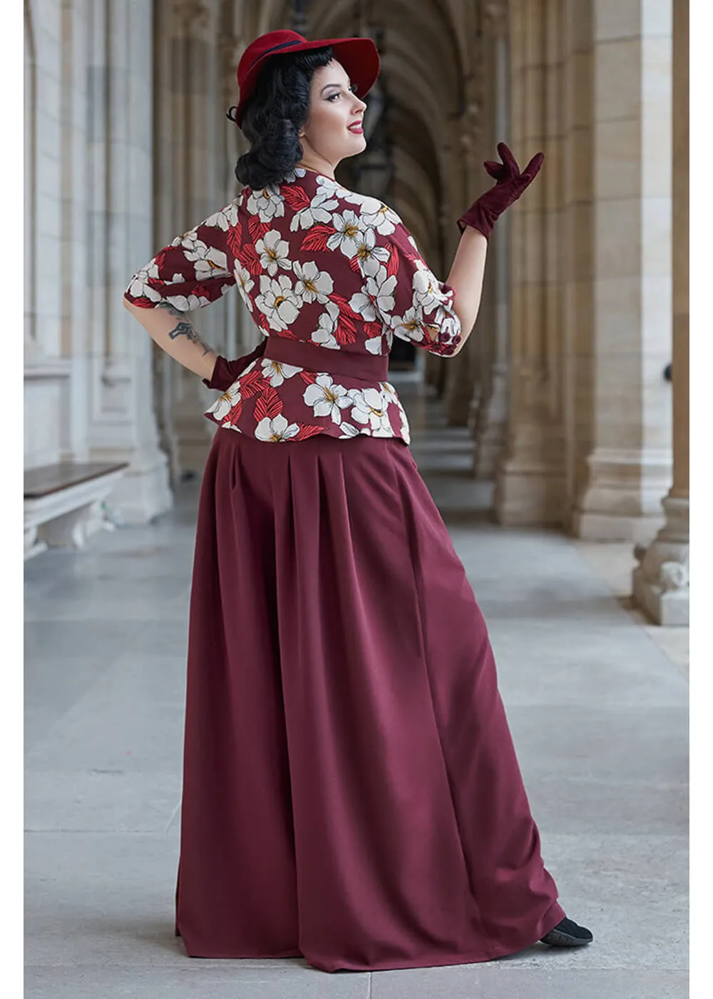 Miss Candyfloss Ladivina Bo Floral 40's Jumpsuit Wine
