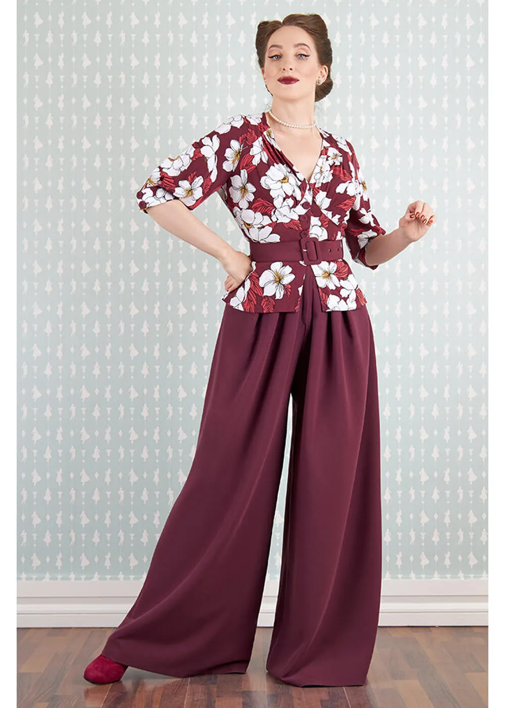 Miss Candyfloss Ladivina Bo Floral 40's Jumpsuit Wine