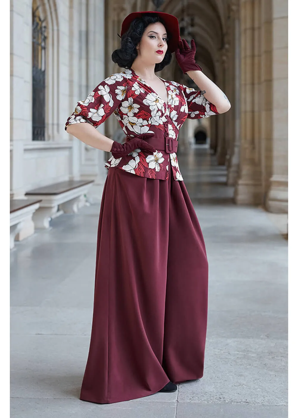 Miss Candyfloss Ladivina Bo Floral 40's Jumpsuit Wine