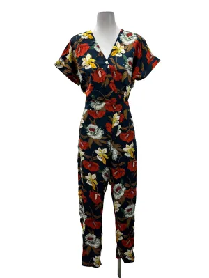 Navy Blue V-Neck Floral Print Jumpsuit