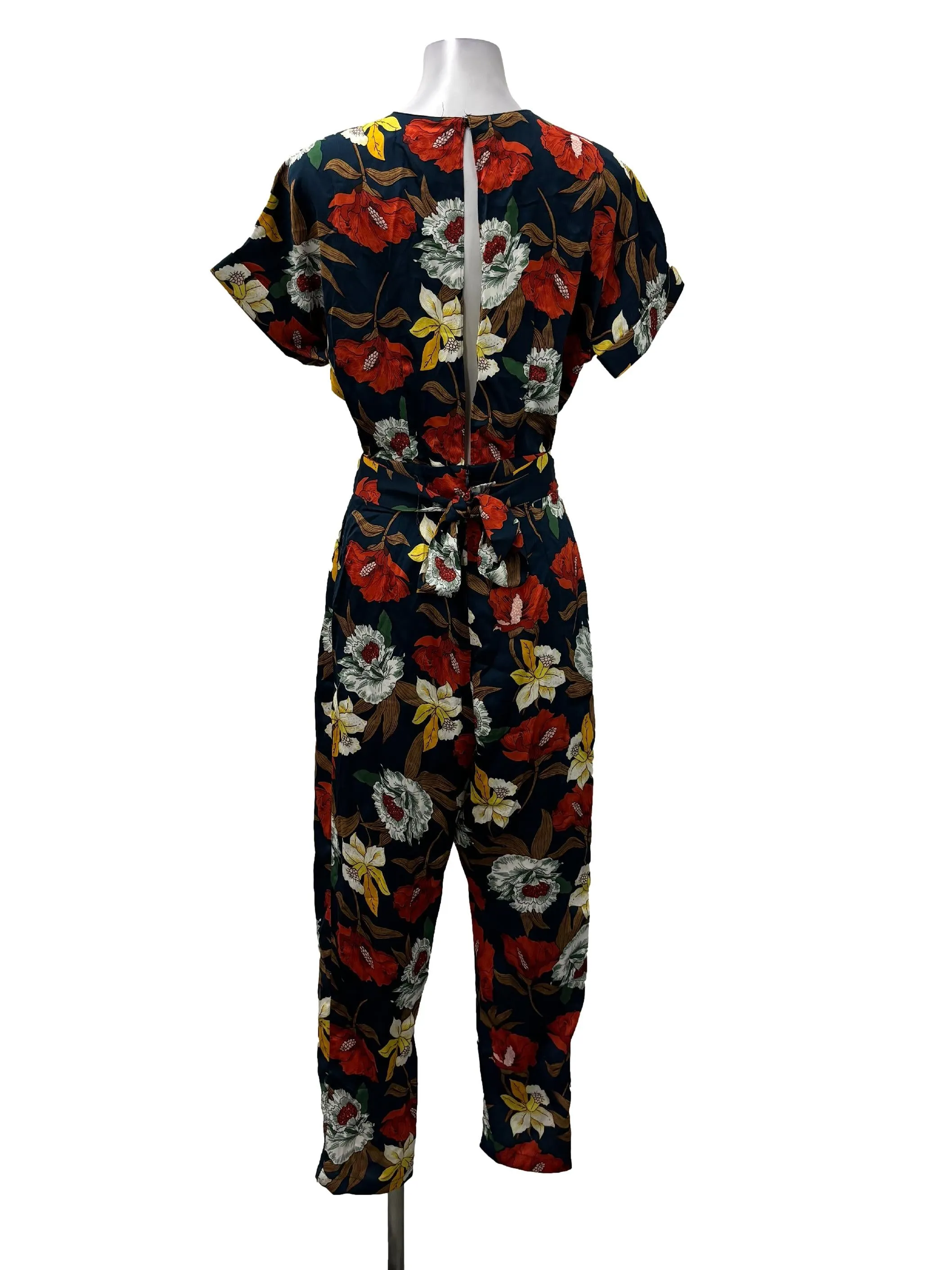 Navy Blue V-Neck Floral Print Jumpsuit