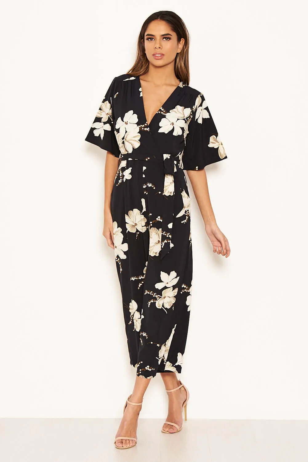 Navy Floral Wrap Culotte Jumpsuit