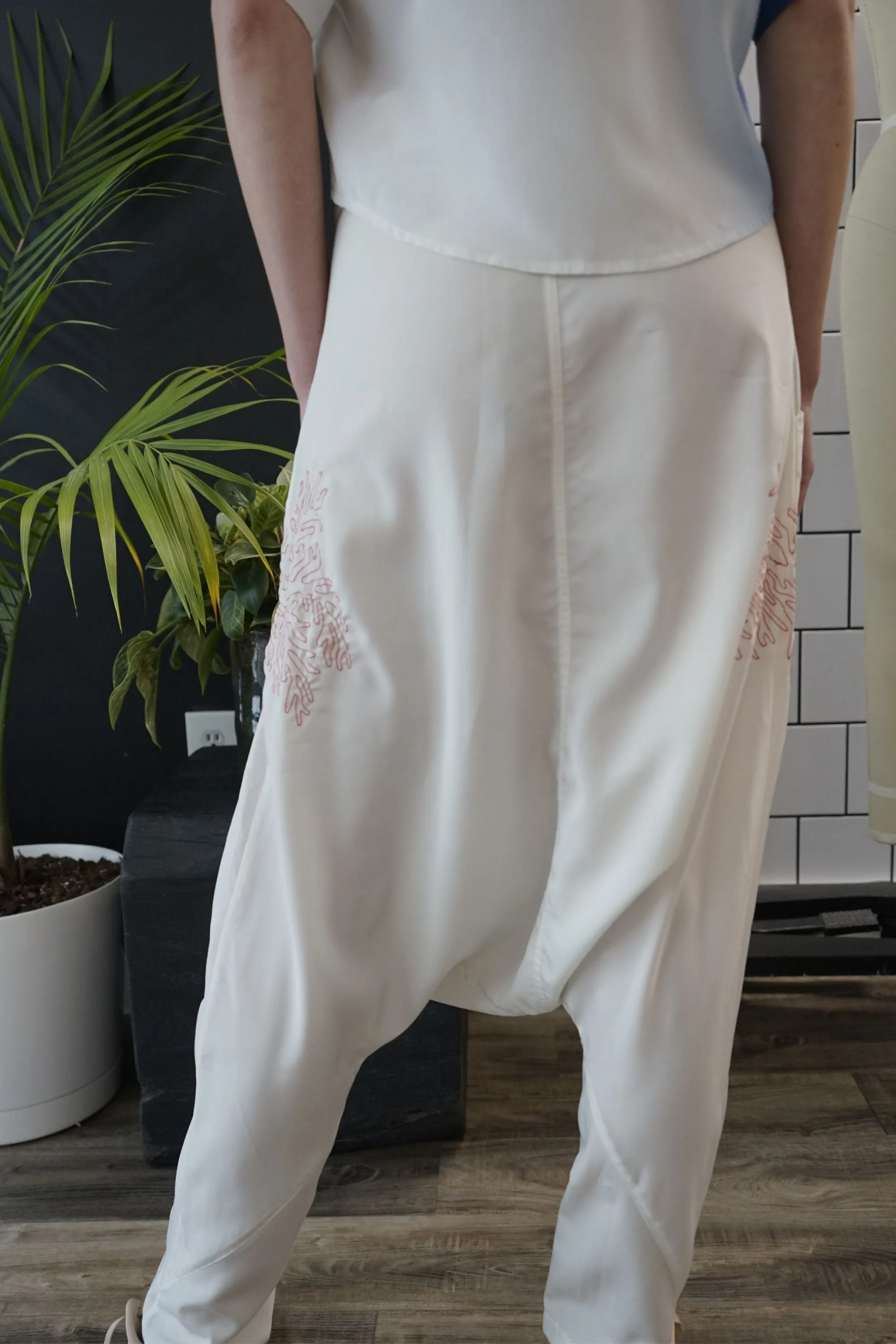 Neel White Dropped Crotch Pants