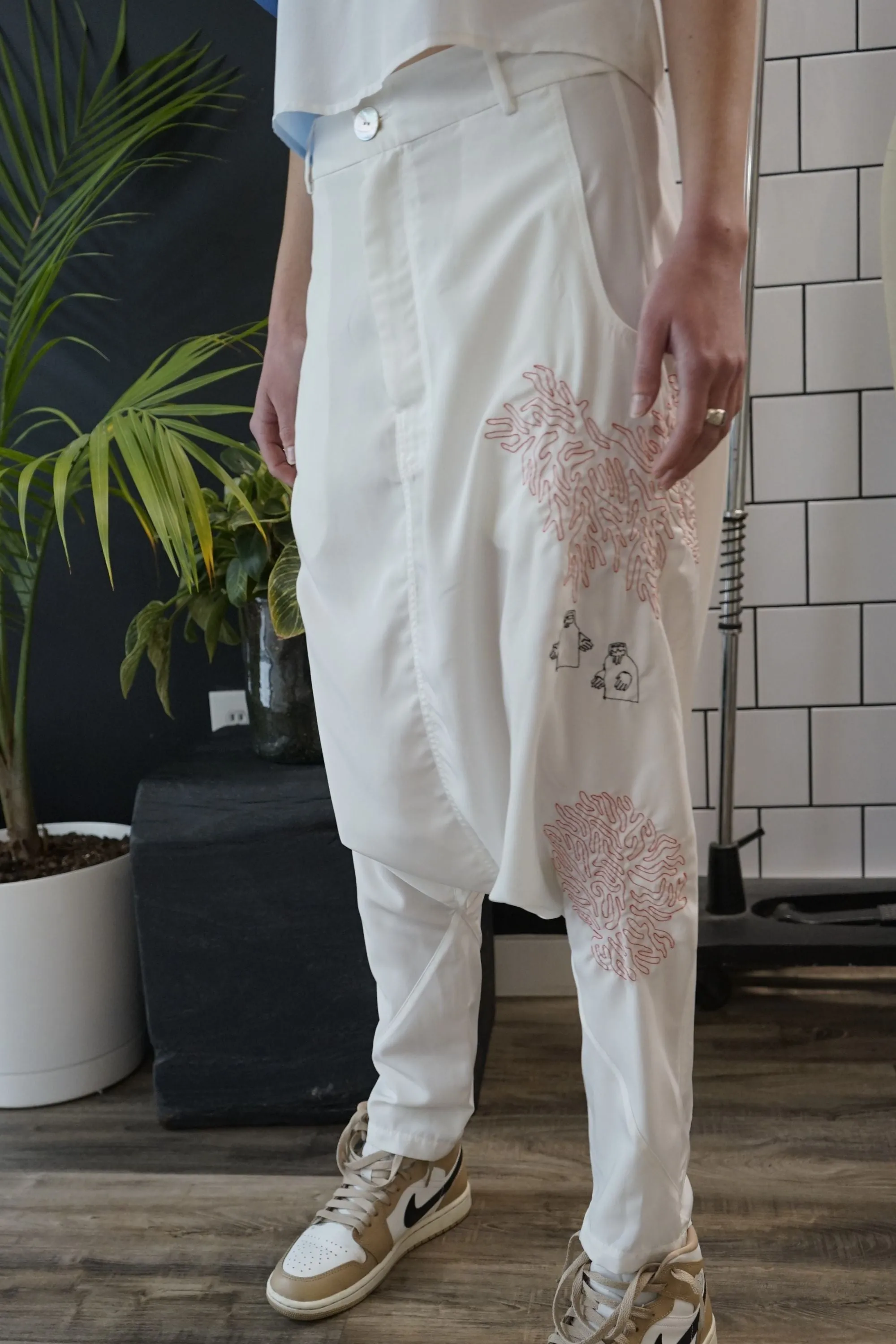 Neel White Dropped Crotch Pants