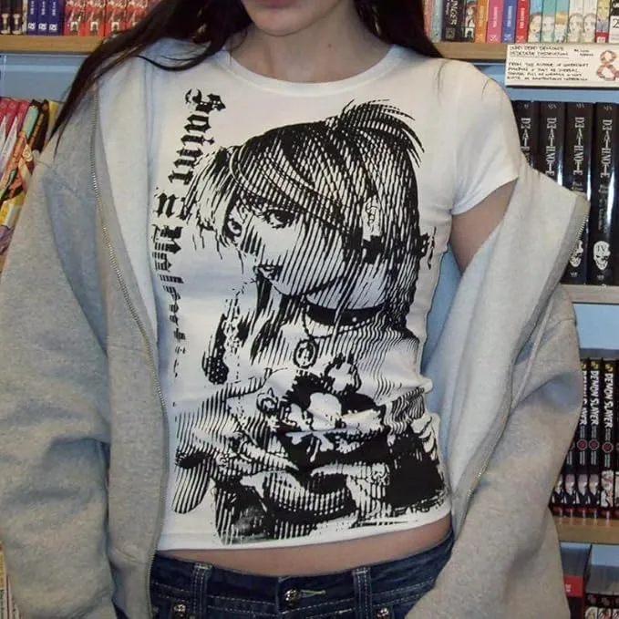 NEW Baby Tee Teens Graphic Tees Y2k Grunge Printed Summer 2024 Vintage T Shirts 2000s Emo, White, Sz 2X