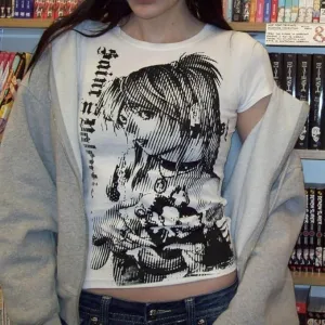 NEW Baby Tee Teens Graphic Tees Y2k Grunge Printed Summer 2024 Vintage T Shirts 2000s Emo, White, Sz 2X
