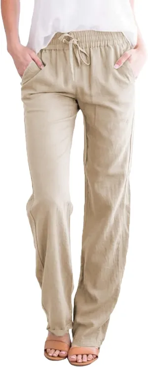 NEW Yusongirl Cotton Linen Pants for Women Casual Womens Pants Wide Leg Lounge Pants Drawstring High Waist Trousers Straight Leg, Beige, Sz L