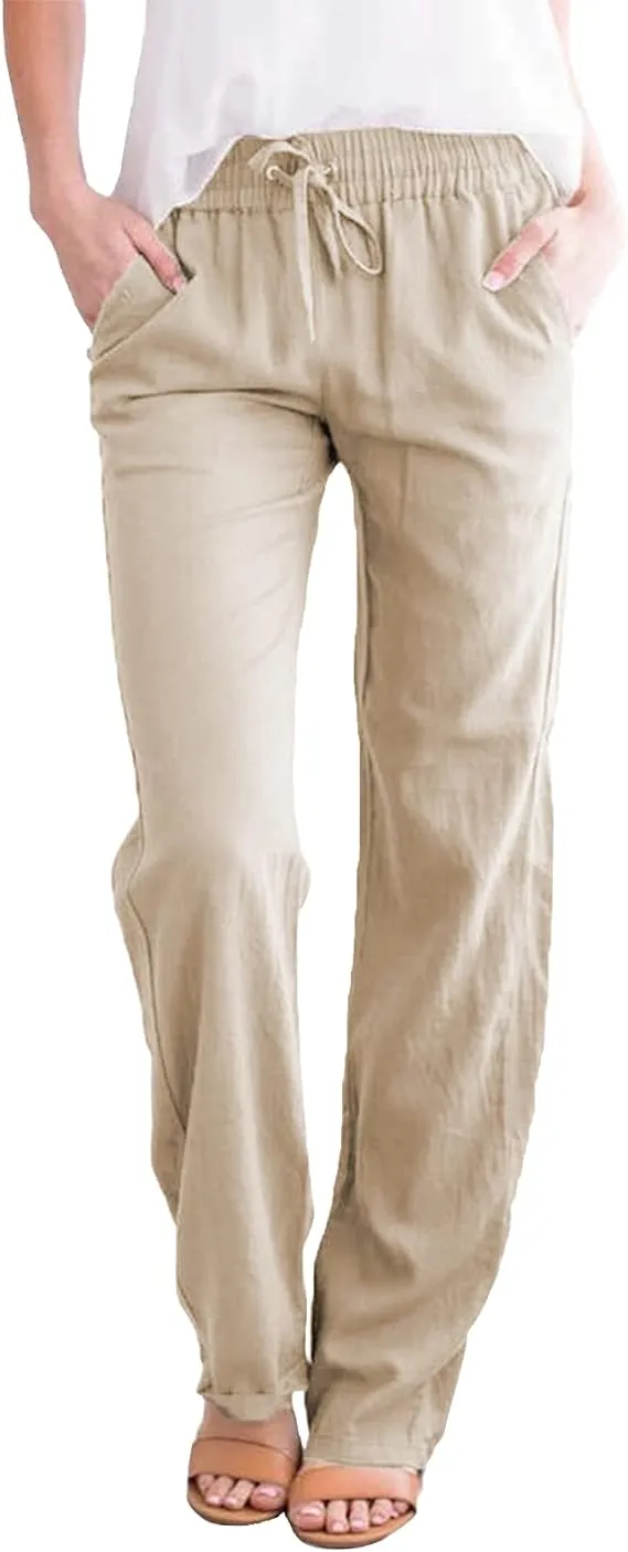 NEW Yusongirl Cotton Linen Pants for Women Casual Womens Pants Wide Leg Lounge Pants Drawstring High Waist Trousers Straight Leg, Beige, Sz L
