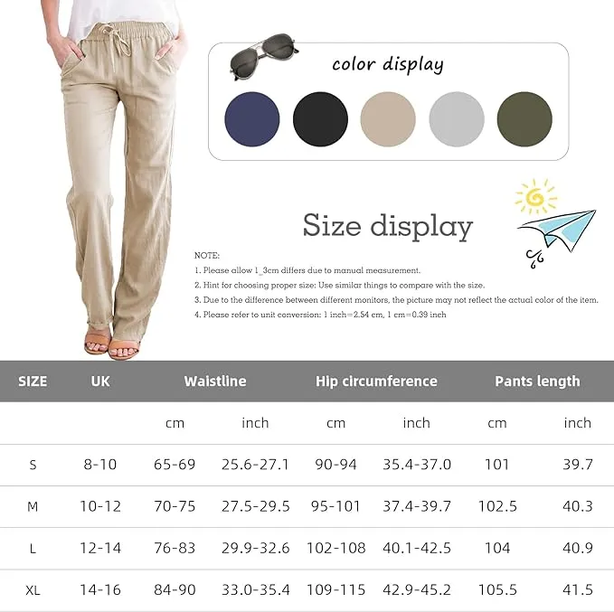 NEW Yusongirl Cotton Linen Pants for Women Casual Womens Pants Wide Leg Lounge Pants Drawstring High Waist Trousers Straight Leg, Beige, Sz L