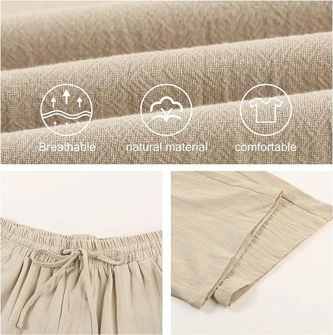 NEW Yusongirl Cotton Linen Pants for Women Casual Womens Pants Wide Leg Lounge Pants Drawstring High Waist Trousers Straight Leg, Beige, Sz L