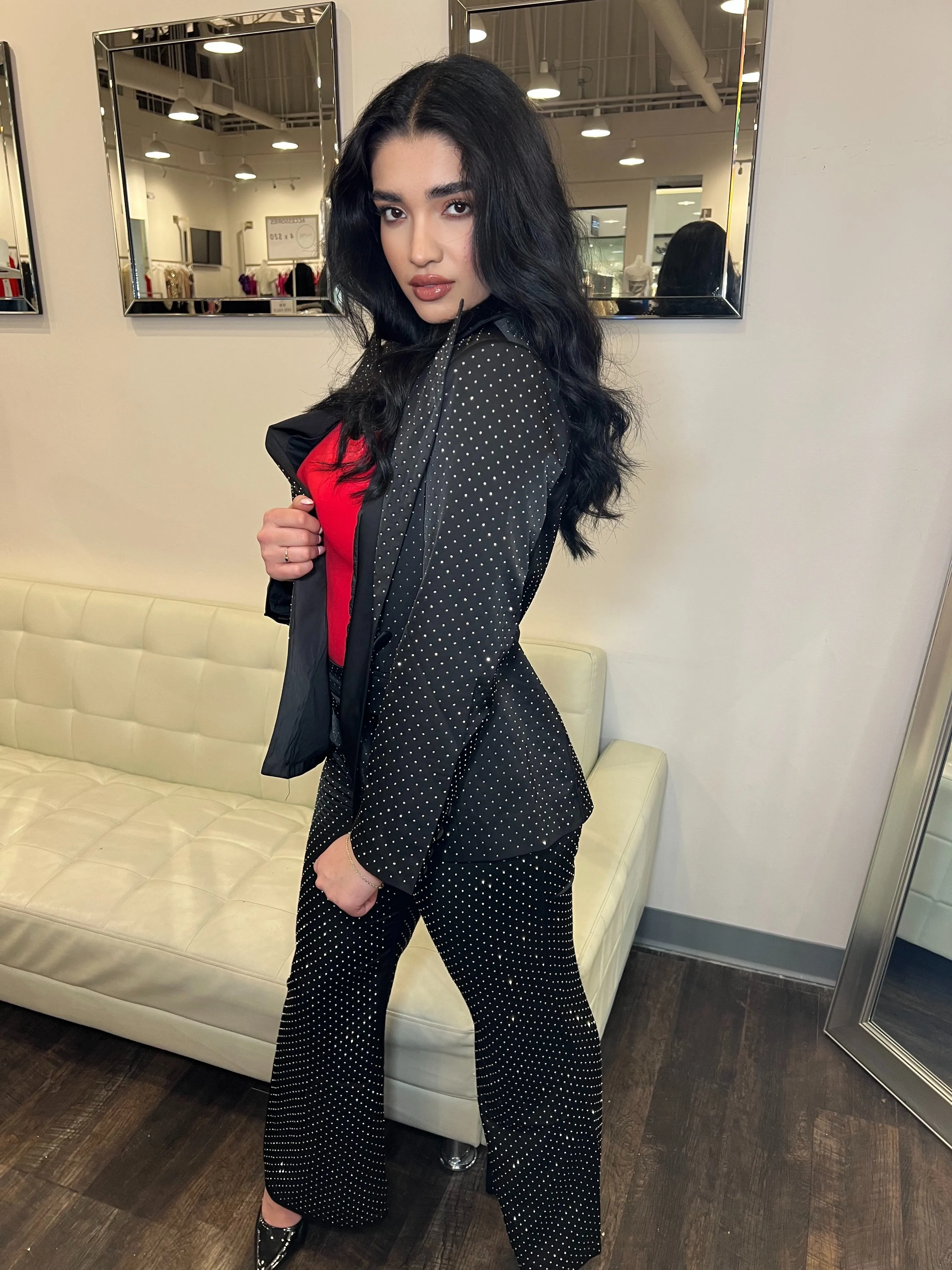 Nvme Aria Rhinestone Satin Blazer- Black