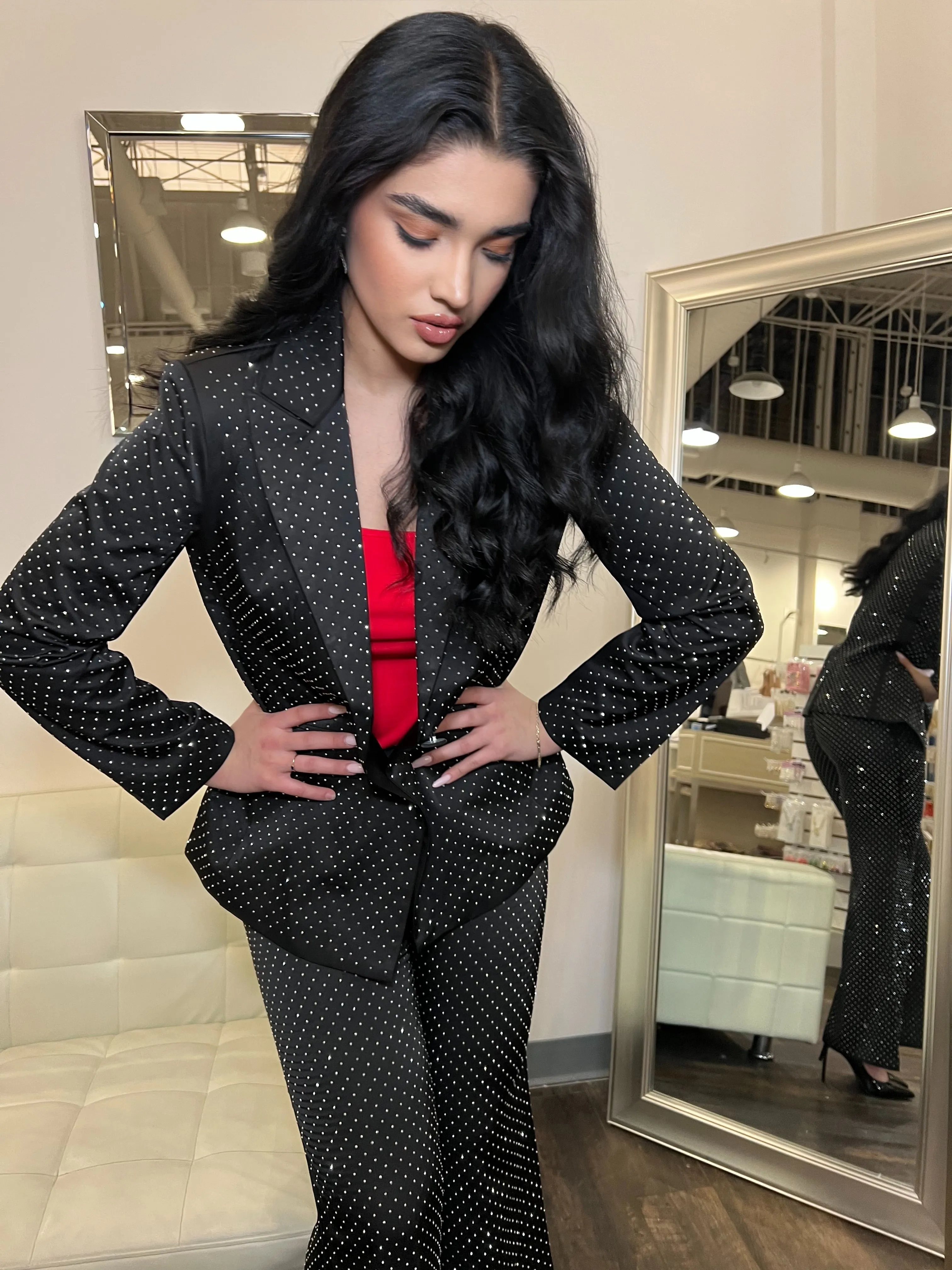 Nvme Aria Rhinestone Satin Blazer- Black